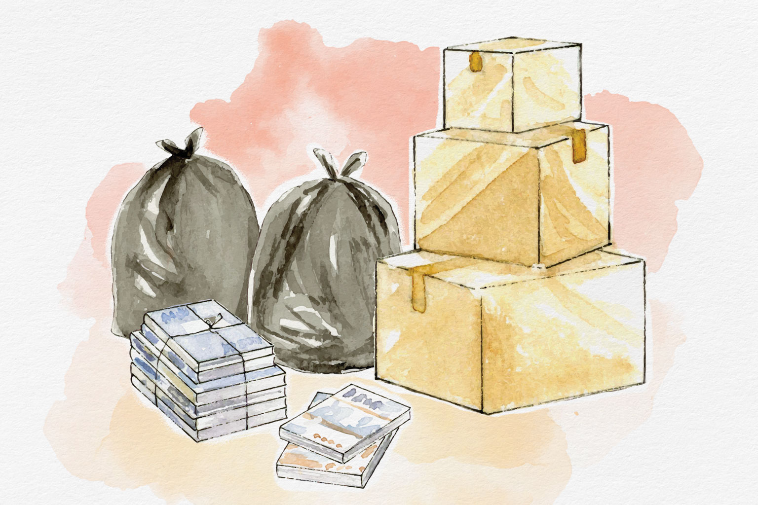 Cardboard boxes, garbage bags and used books painted by watercolor